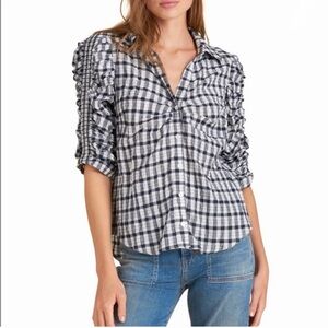 Veronica Beard Porta Check Ruffle-Sleeve Blouse 3/4 Sleeves Ruched Size Small